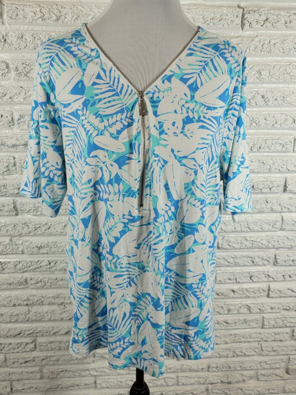 Belle Kim Gravel Womens Tee XL Blue White Floral Cotton Blend T-Shirt FLO275XE